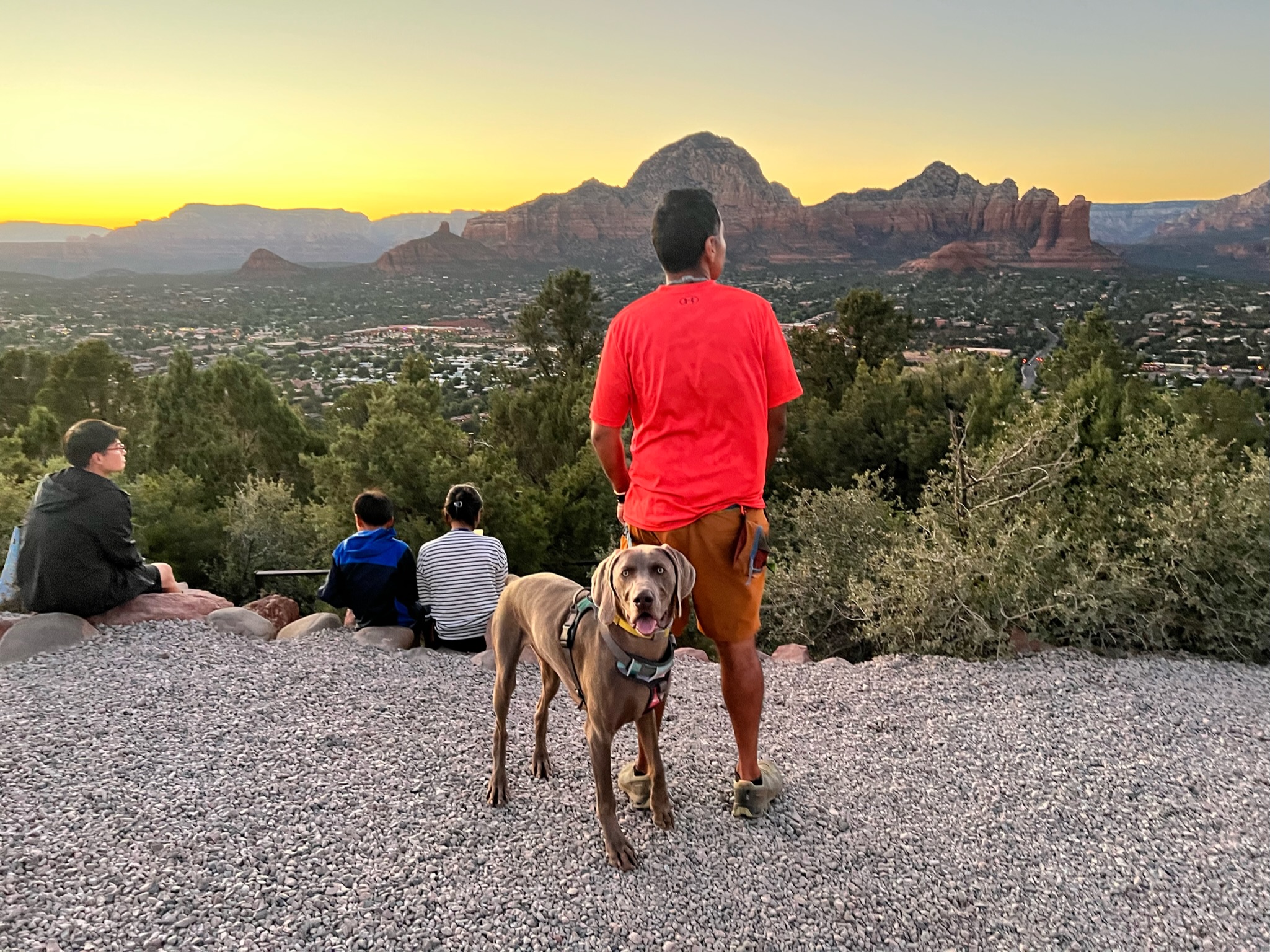 Man and dog on crushed grave, with people sitting around, and a huge valley of green desert vegetation, with rugged red rocks and cliffs jutting out across the valley.