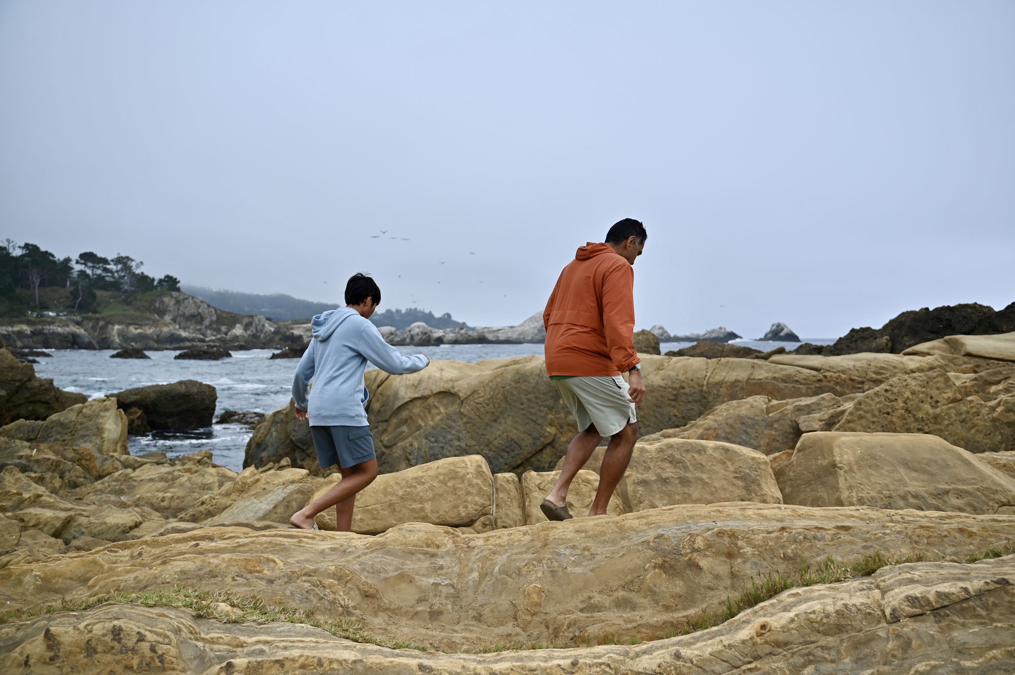 Our son and his dad walking across wide, layered sandstone rocks by the sea.