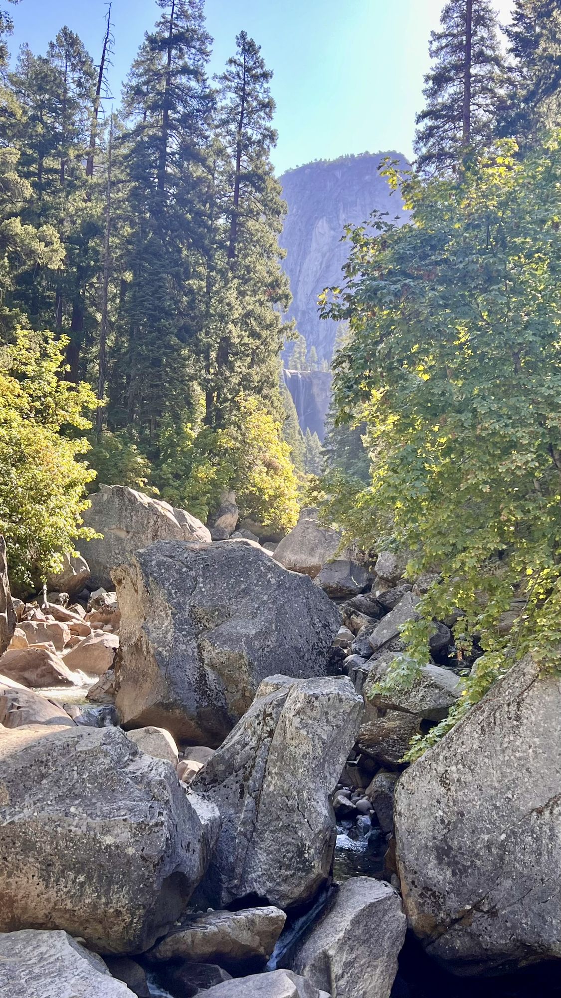 Vernal falls glimpsed through tall pines, above a river bed full of large granite boulders.