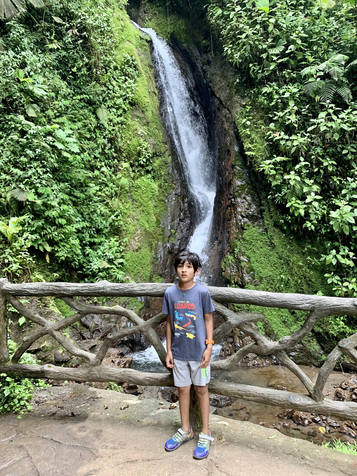 Boy standing at a railing in front of a tall waterfall
