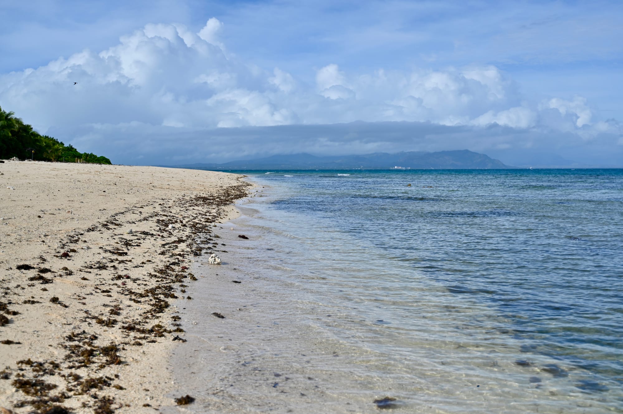 A long, empty beach edged with a line of washed-up seaweed, clear shallow water and a band of dark cloud over the mountains across the bay.