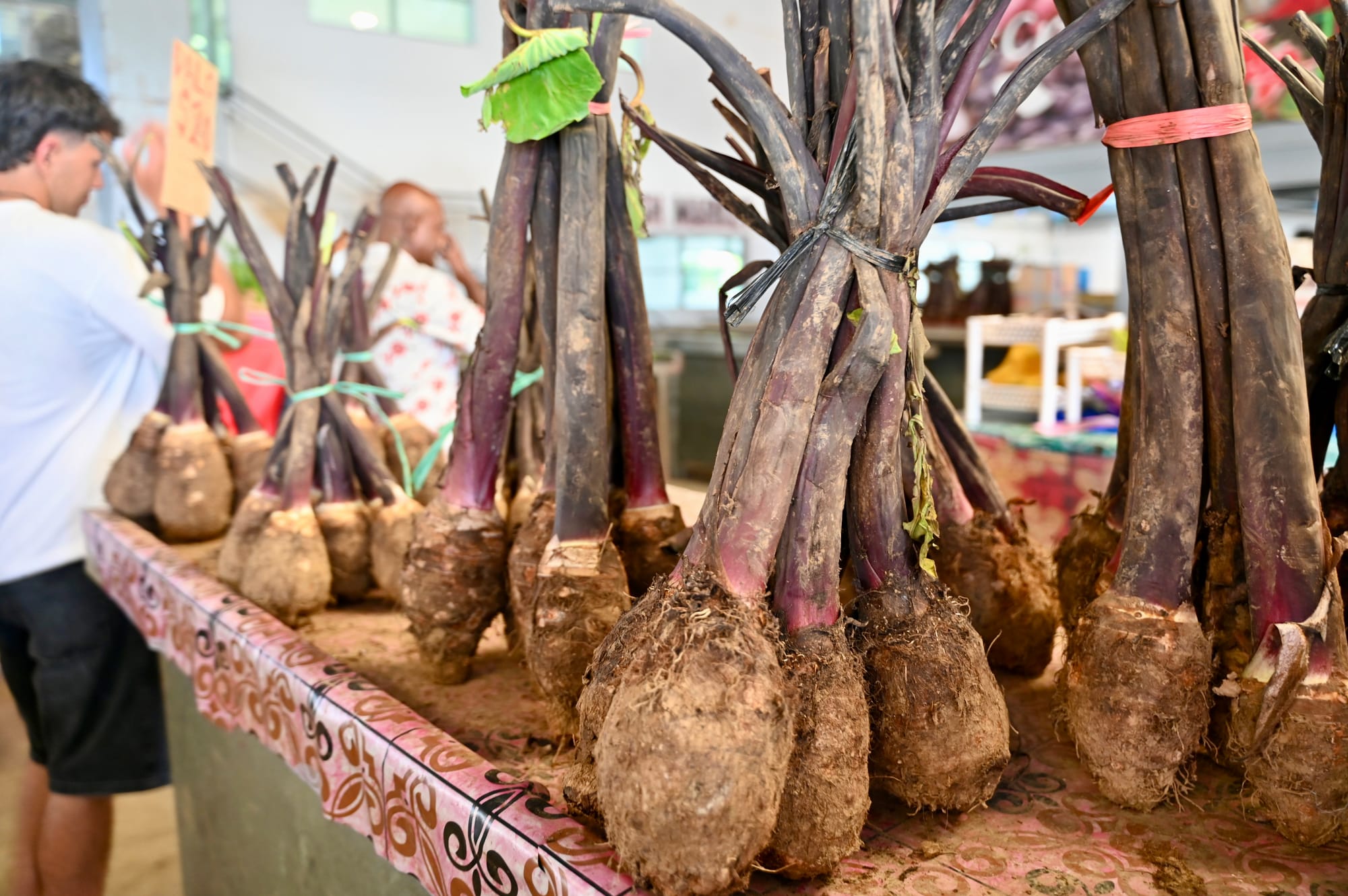Bundles of knobbly, earth-covered roots with long purple stalks tied together and standing upright on a tiled market counter.