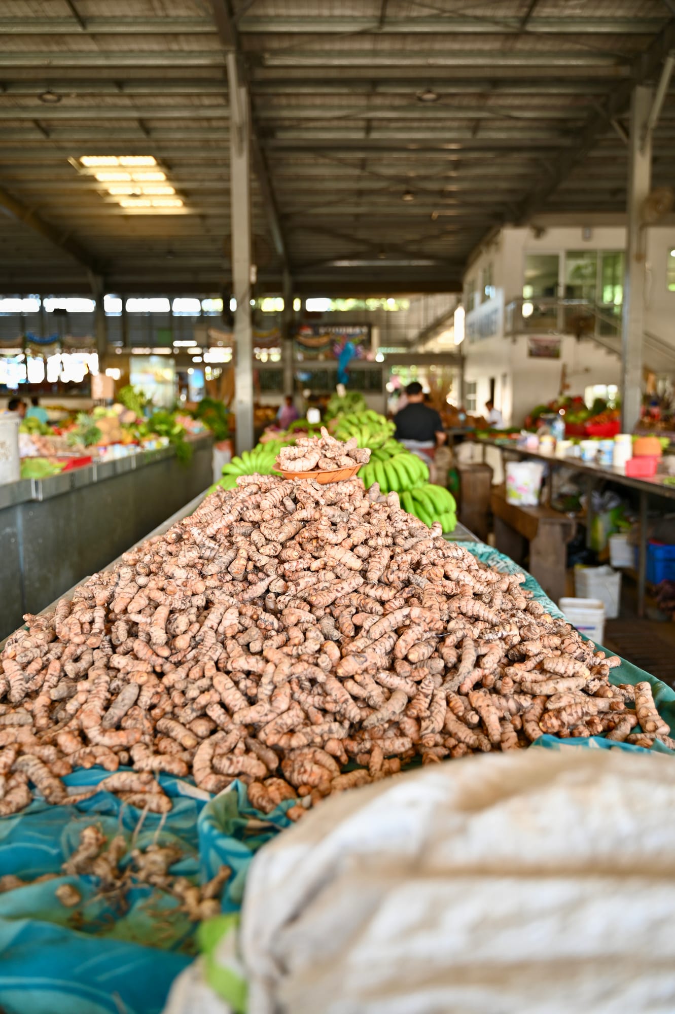 A large mound of fresh turmeric roots heaped on a market table, with bunches of green bananas and other produce stalls under the market’s high metal roof behind.