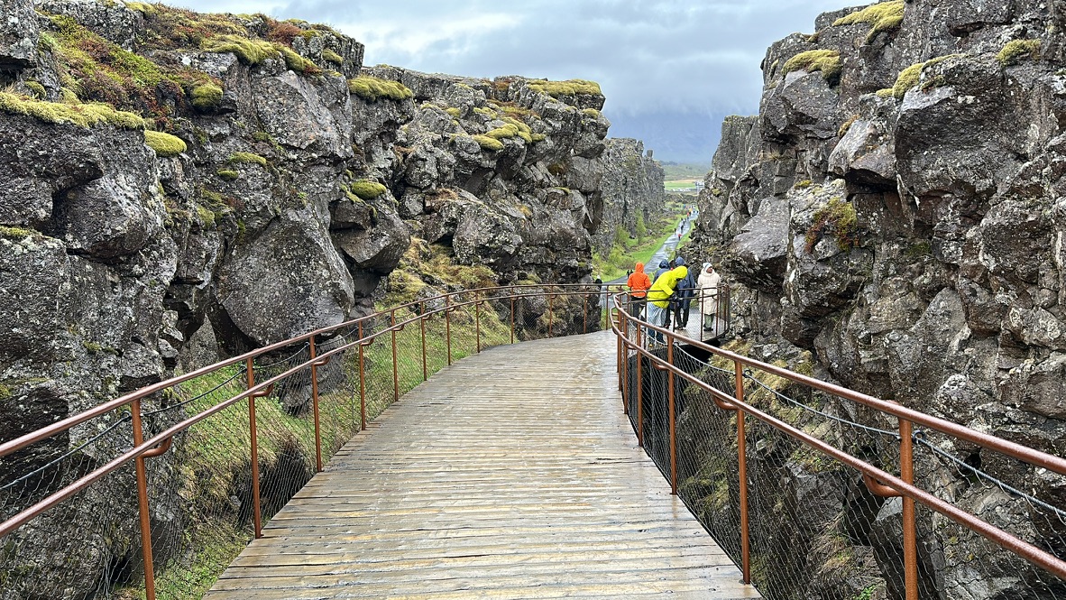 Boardwalk at the continental divide in Thingvellir National Park, Iceland