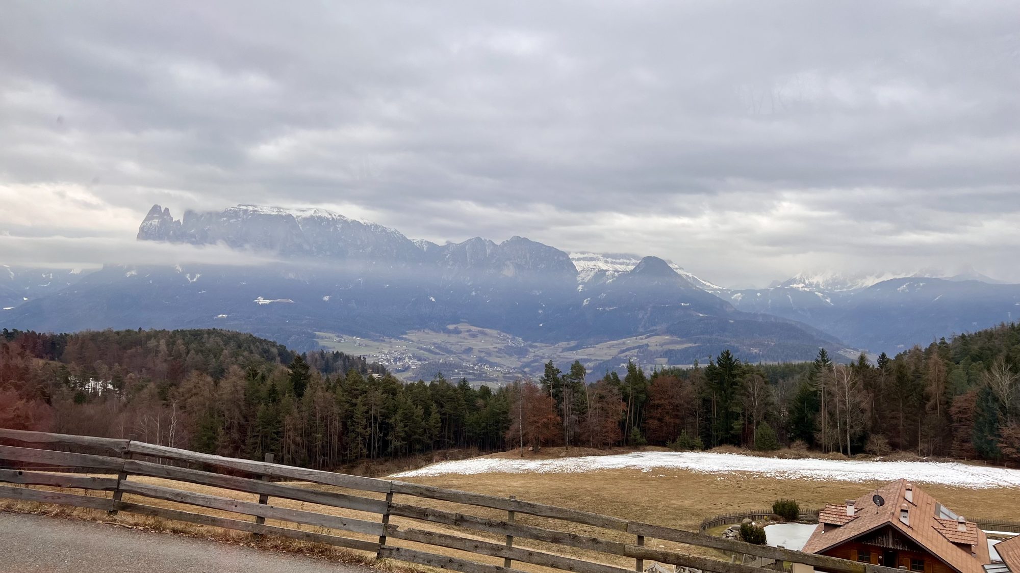 A wide view over forest to a long line of Dolomite peaks under cloud