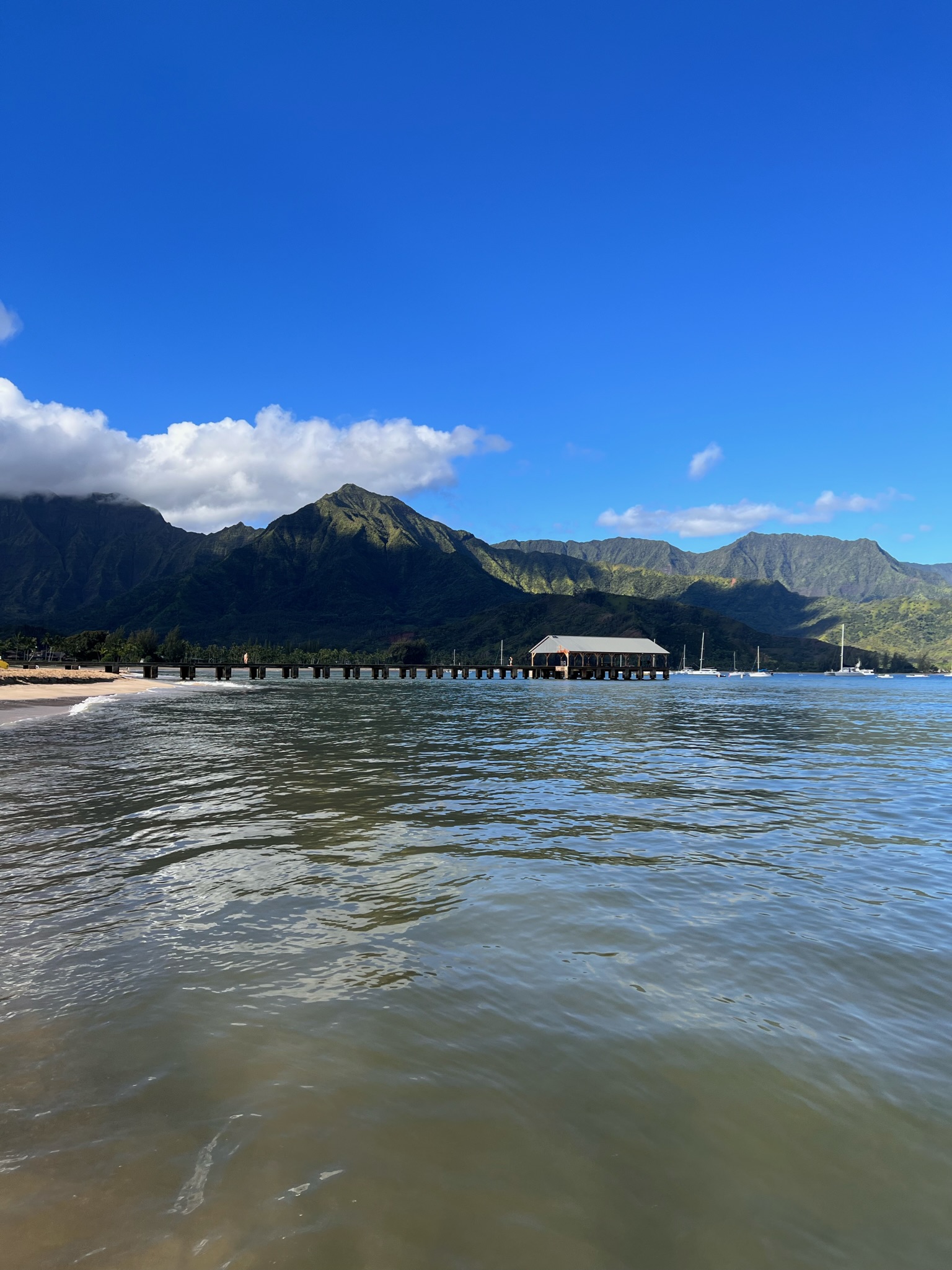 _The incomparable Hanalei Bay and it's boardwalk; Napali coast mountains in the background
