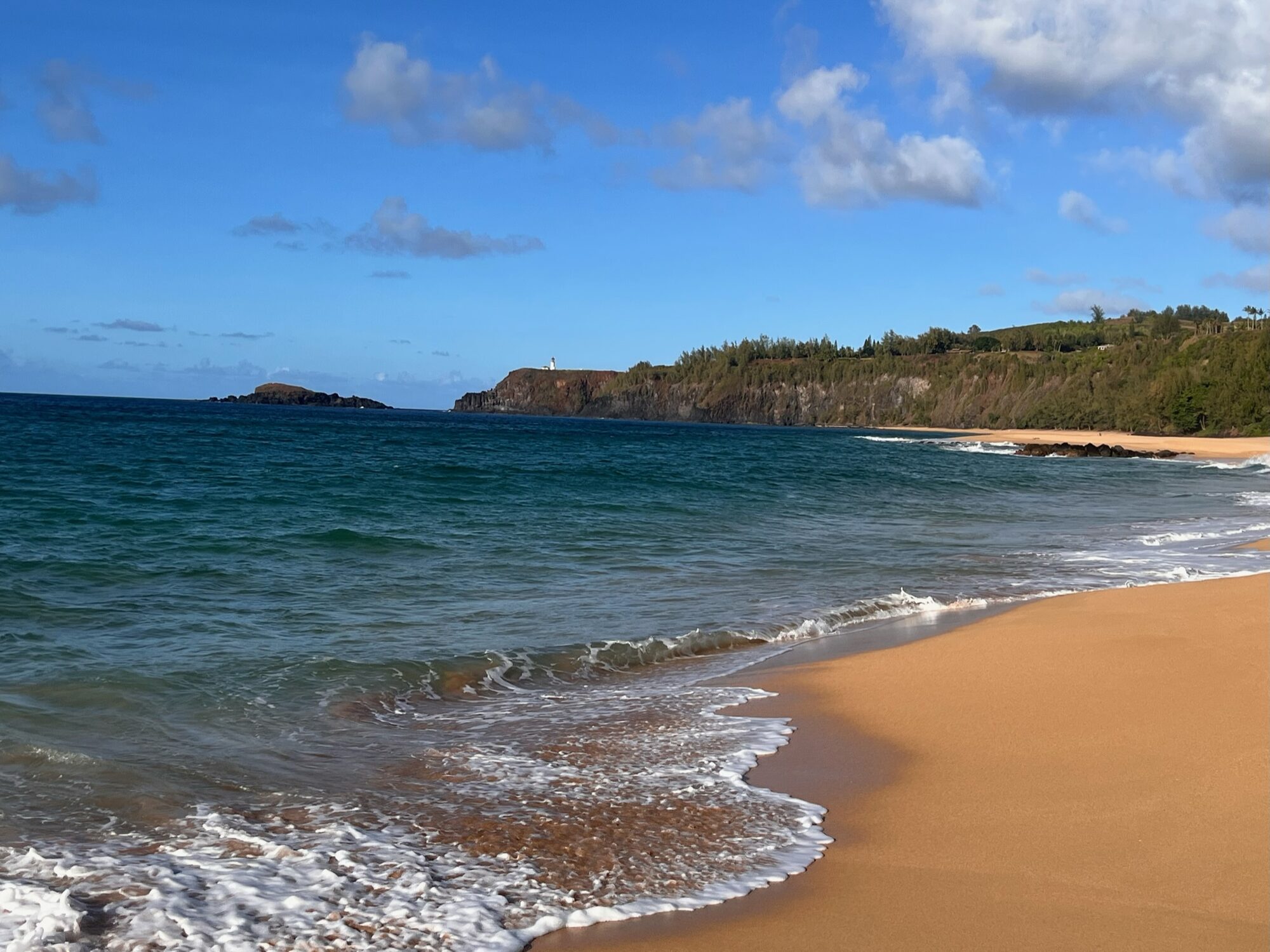 Golden sand beach with a rocky headland, and the Kīlauea Lighthouse far out on the point