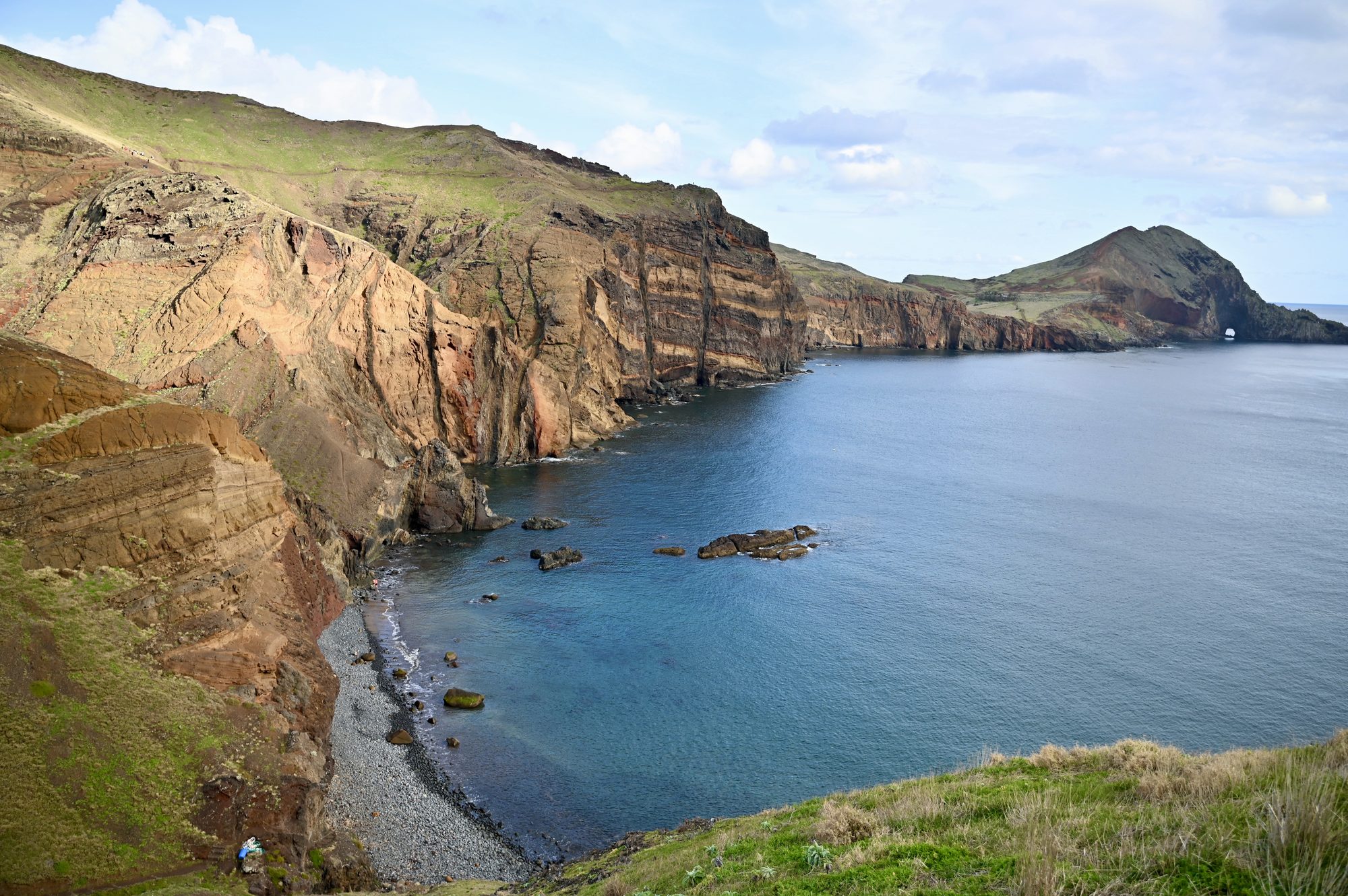 A pebble beach at the foot of layered brown cliffs, curving round a calm blue bay.