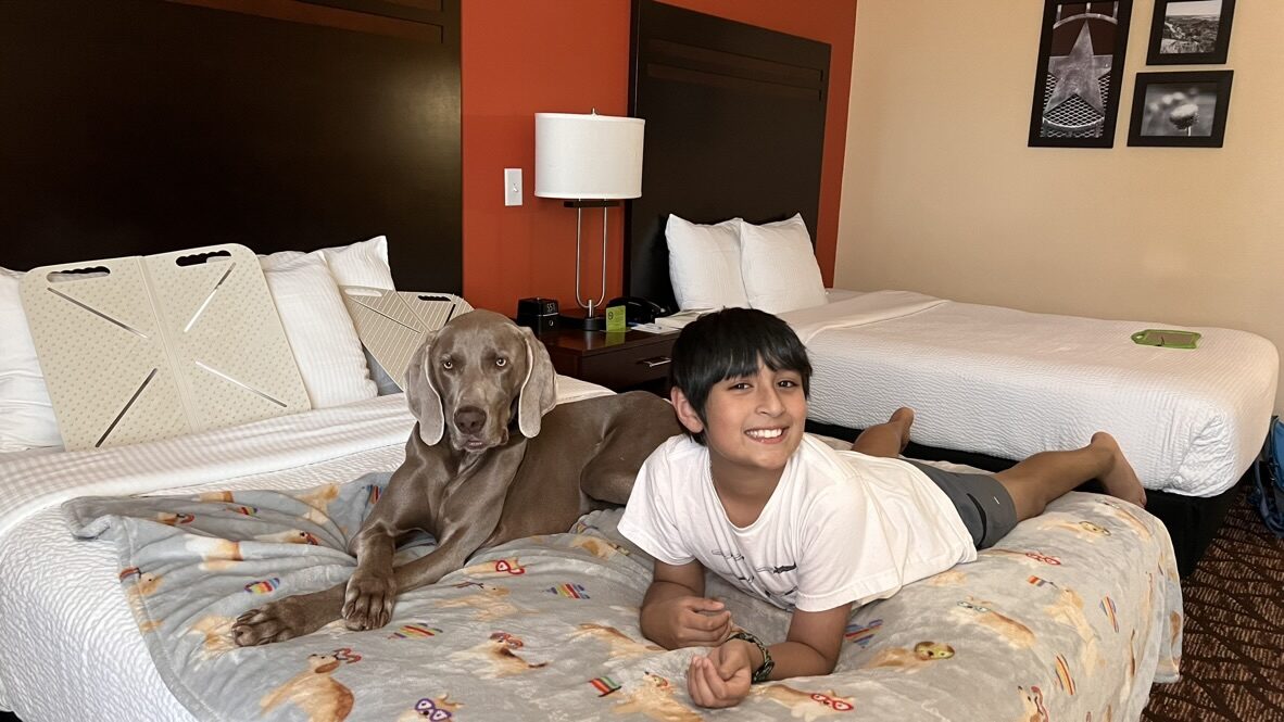 Boy and dog lying on a hotel bed