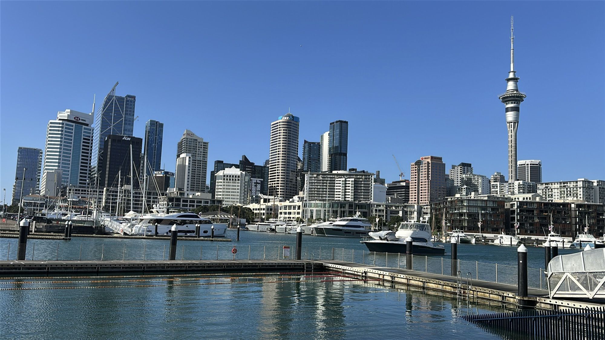 Auckland’s skyline and the Sky Tower rising above a marina full of boats, under a clear blue sky.