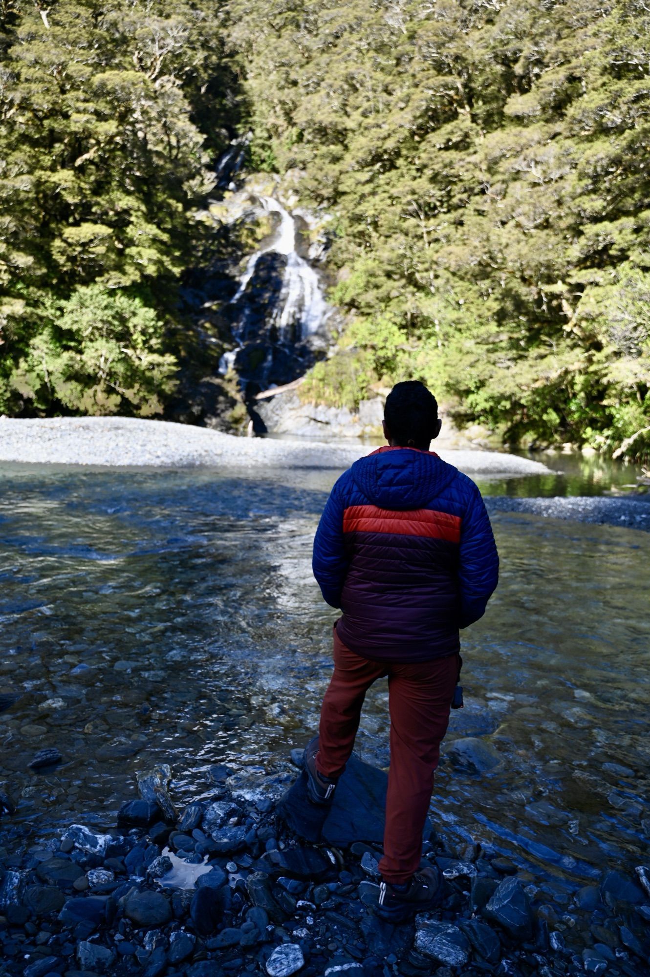 His dad standing on river stones with his back to the camera, looking at Fantail Falls fanning down a rock face.