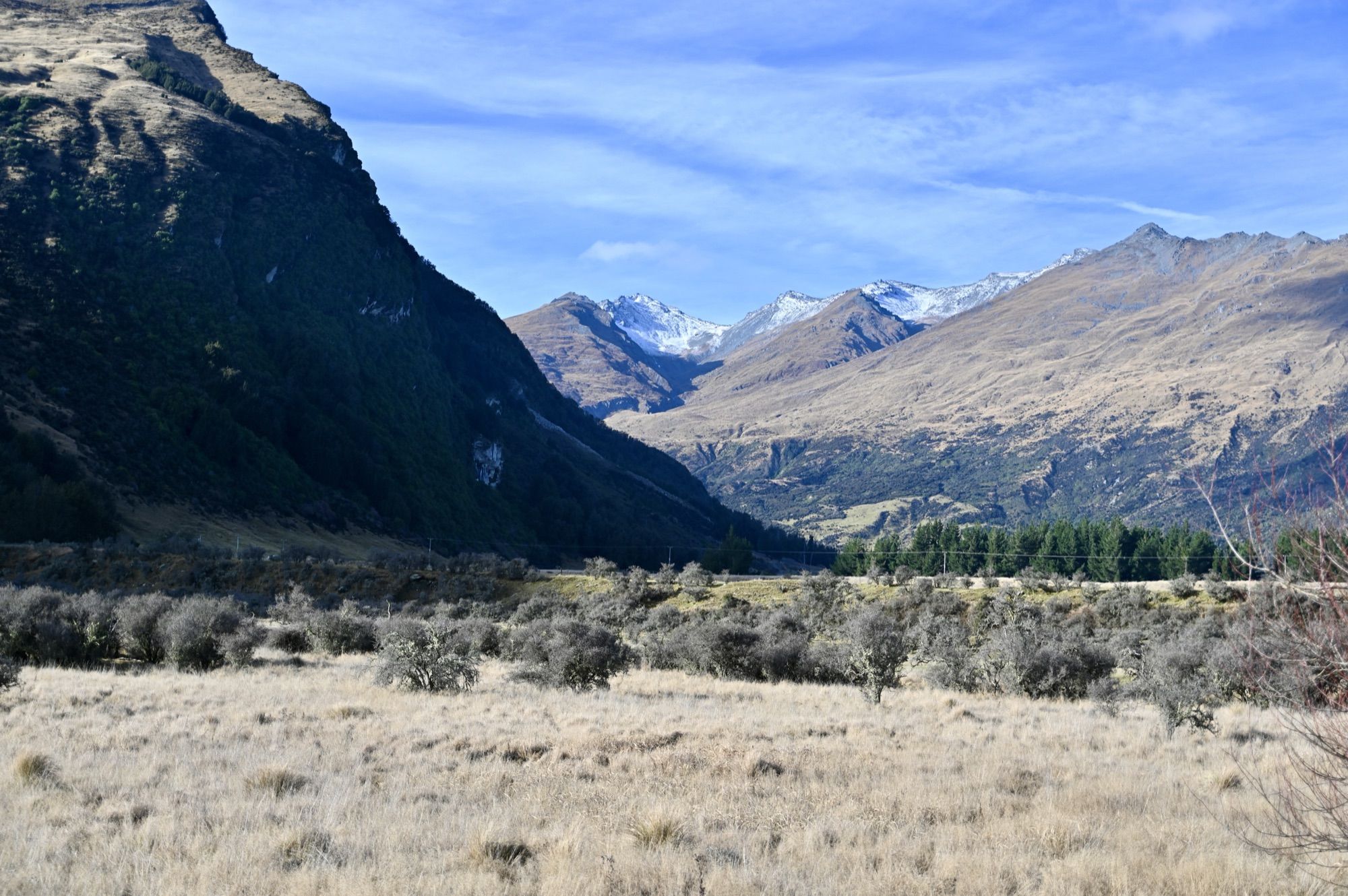 A golden tussock valley below steep mountains and snowy peaks, under a blue sky.