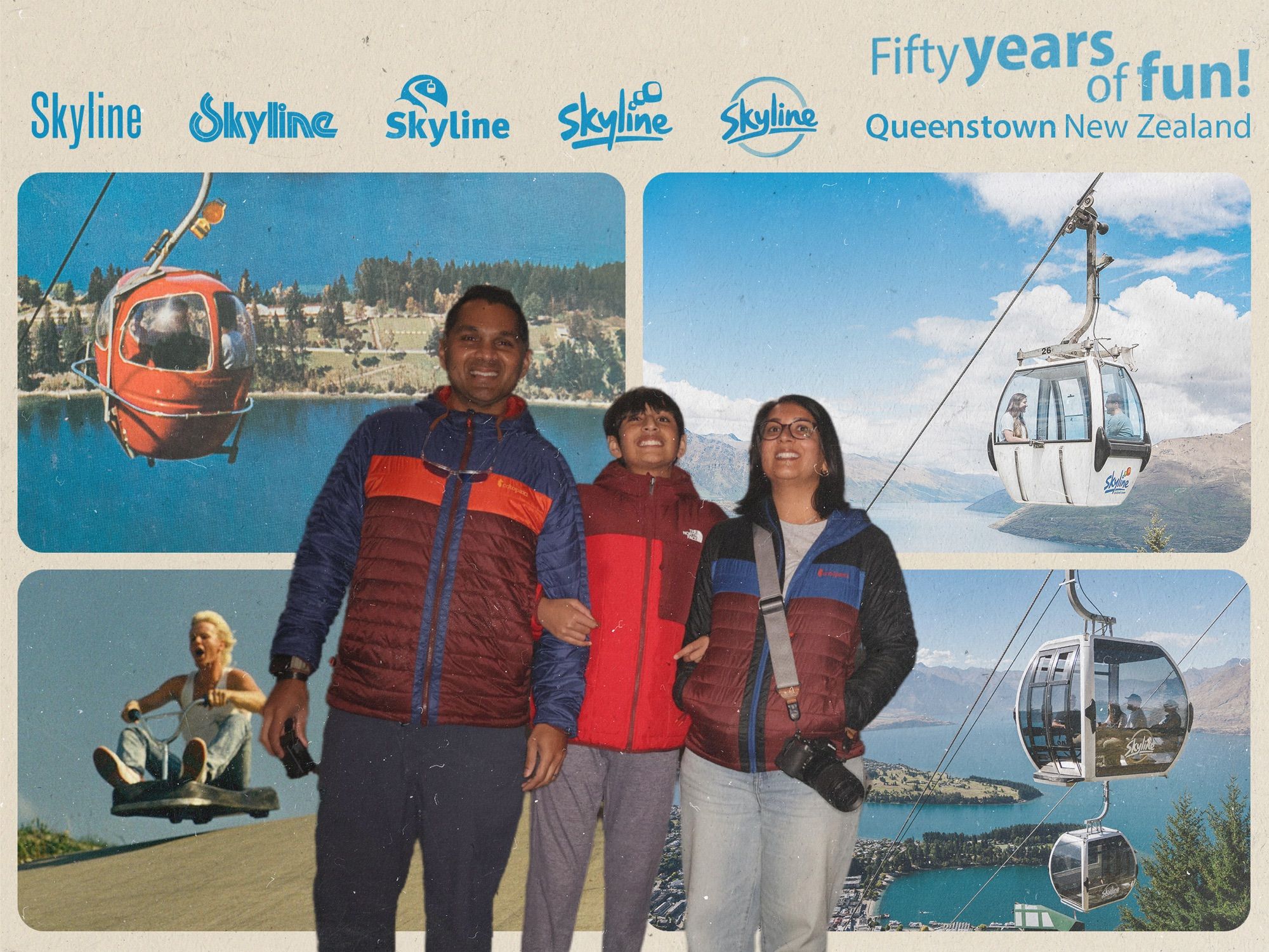 The three of us in a souvenir photo with a Skyline “Fifty years of fun” background of gondolas and the lake.