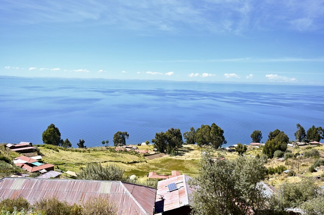 The lake and terraced fields seen from the trail up Taquile