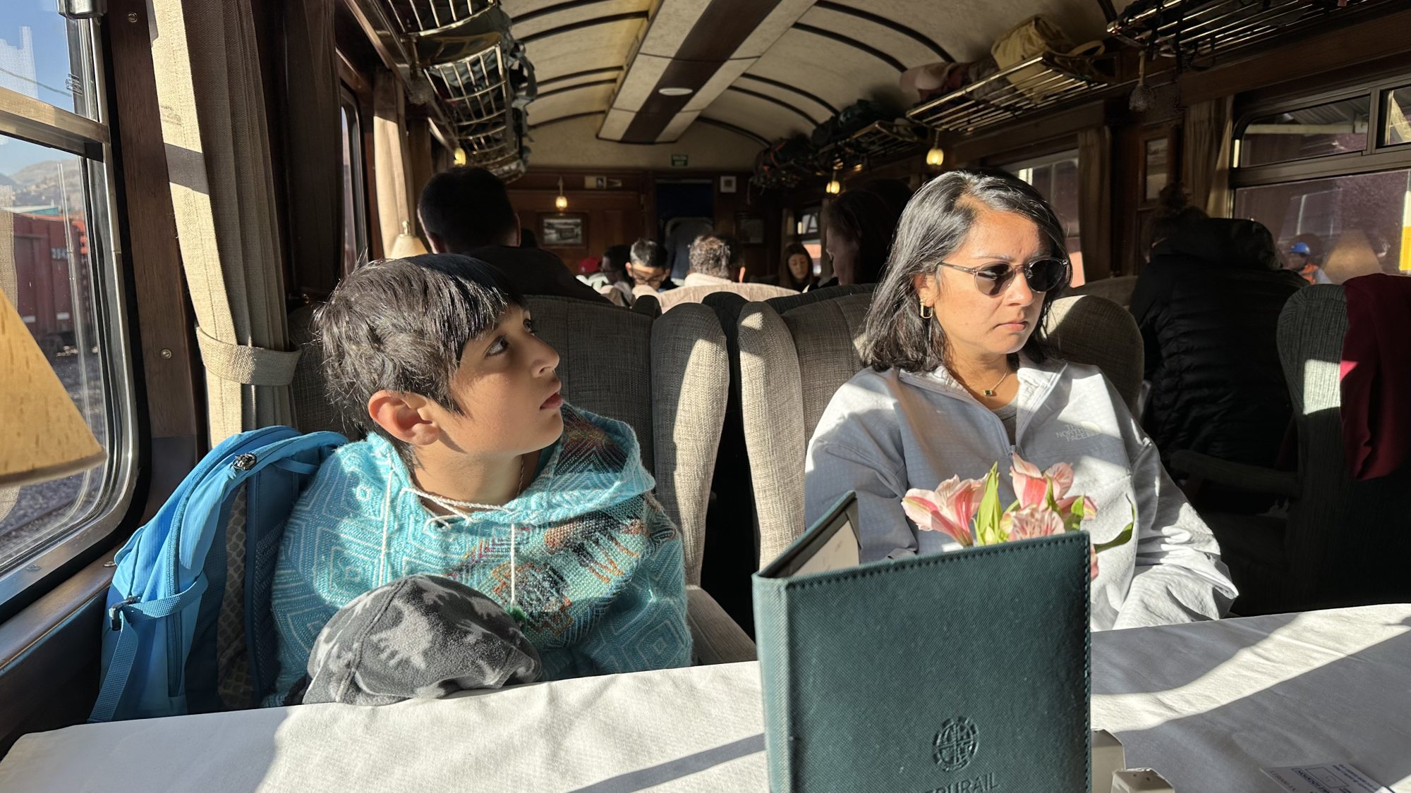 Boy and woman at a table in the train’s dining-style carriage