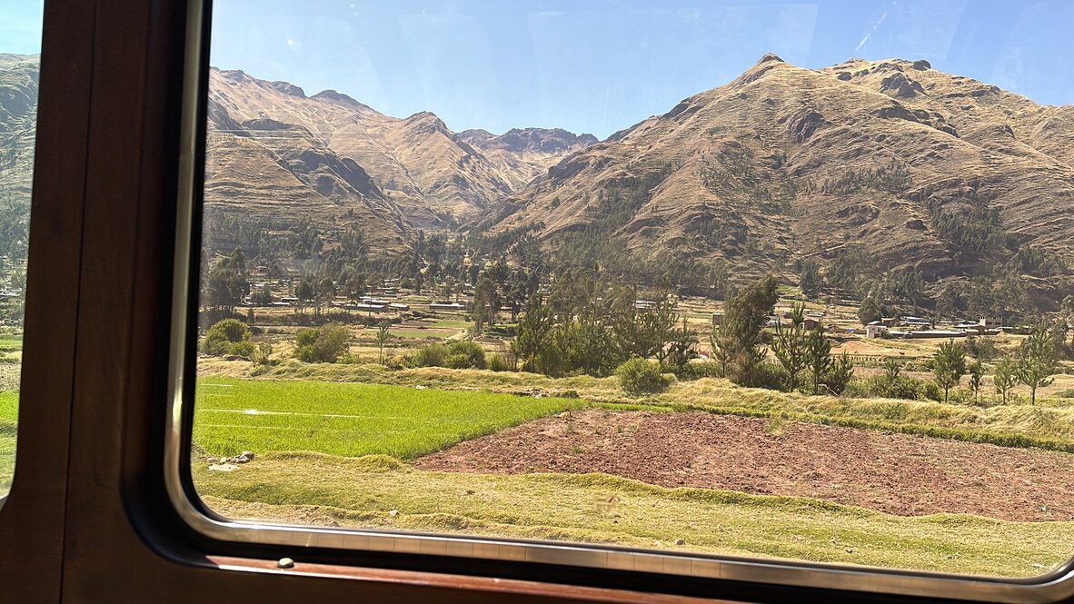 Green fields and mountains seen through the train window